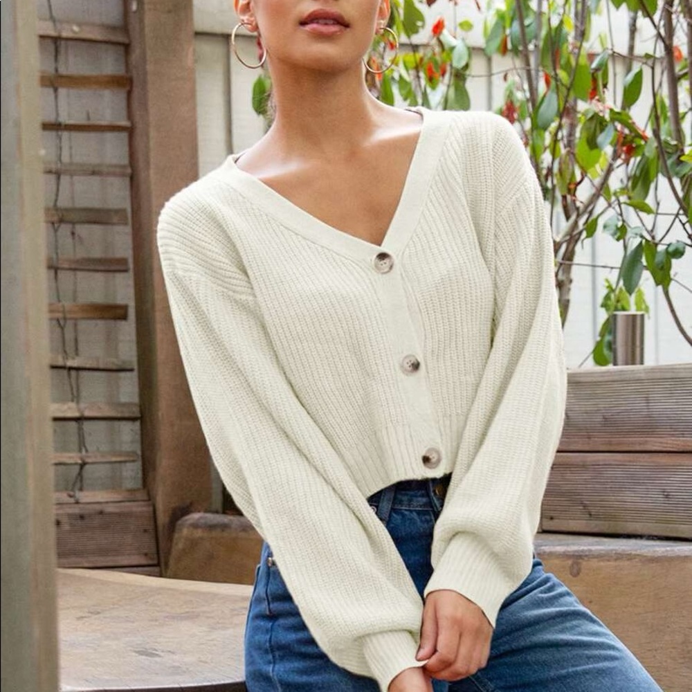 SHEIN white bishop sleeve button sweater